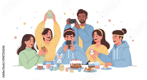 A group of friends celebrate a birthday with cake and gifts in a lively indoor setting