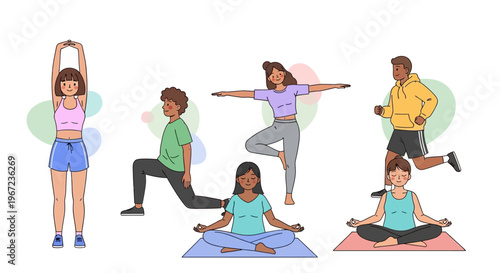 People practice various yoga poses on colorful mats in a serene environment