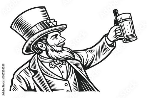 Leprechaun Man Holding Whiskey for St Patrick’s Day Vintage Illustration. Vintage black and white vector illustration of a classic Irish leprechaun man, detailed engraving style.
