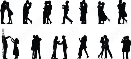 Silhouette set of romantic couples in various poses including kissing, hugging, and dancing, perfect for wedding invitations, Valentine’s Day designs, and romantic relationship concepts.