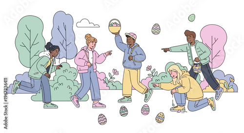 People are playing and throwing colorful eggs in a park with trees and bushes