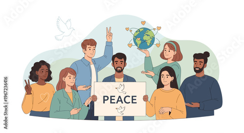 Diverse group of people holding a 'peace' sign with globe and doves symbolizing unity and global harmony