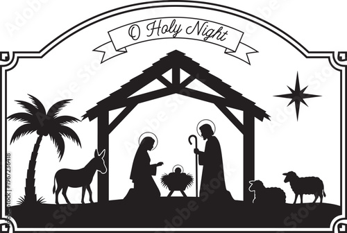 Christmas nativity scene silhouette, flat vector illustration of holy family in manger, bethlehem star, stable animals, and o holy night