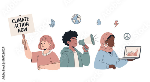 Youth Climate Activists Advocate for Environmental Change with Posters, Megaphones, and Laptops