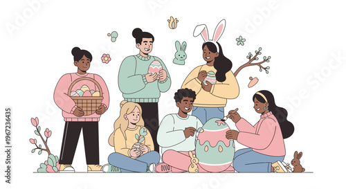 A diverse group of young adults joyfully painting and decorating Easter eggs together, celebrating the spring holiday with vibrant colors and smiles