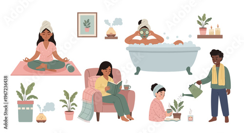 People practice yoga and relax in a serene living room with plants and bath