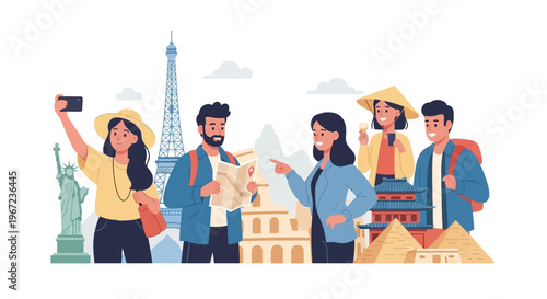 Diverse group of happy international tourists exploring famous global landmarks on an exciting worldwide adventure, capturing memories and navigating new cultures
