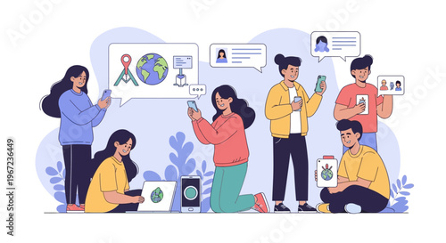 Illustrating global communication and connection through digital devices and social networks