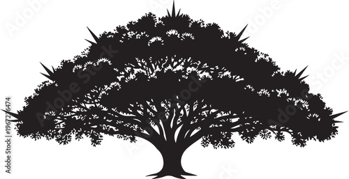 Black silhouette of a tree with spiky branches and foliage on white background