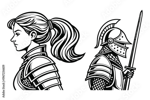 Female Knight in Armor Medieval Warrior Woman. Vintage Engraving Set. A highly detailed black and white vintage vector illustration of a powerful medieval female knight, shown in two poses side by sid