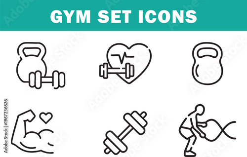 gym fitness icons set, workout training symbols, bodybuilding equipment icons, health and fitness vector, exercise routine graphics, strength training, cardio workout, wellness lifestyle
