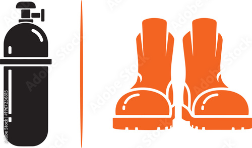 Dual-tone vector icons of a black compressed gas tank with valve, and a pair of orange heavy-duty safety boots. This set represents industrial fuel storage and personal protective footwear.