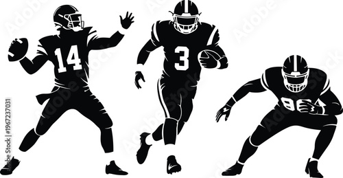 American football player silhouettes in action poses, quarterback passing, running back sprinting, and defender stance, isolated black figures on white background sports illustration