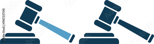Two gavel icons breaking apart with one handle highlighted in blue