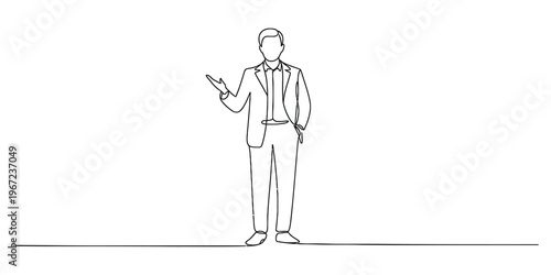 Minimalist One Line Drawing of a Presenting Businessman