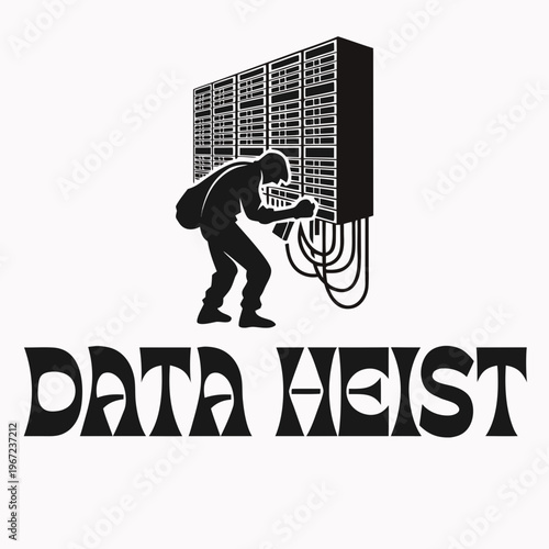 Conceptual illustration of a data breach with a figure manipulating servers, symbolizing cybercrime and digital theft