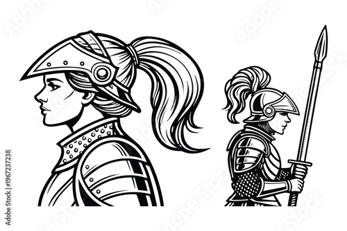 Female Knight in Armor Medieval Warrior Woman. Vintage Engraving Set. A highly detailed black and white vintage vector illustration of a powerful medieval female knight, shown in two poses side by sid