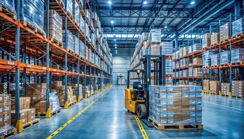 Industrial warehouse interior with forklift and stacked pallets
