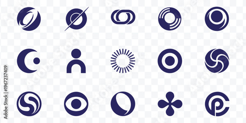 Abstract Geometric Icons Set. Modern Blue Vector Logos for Business, Tech and Digital Branding. Minimalist Circle and Curve Symbols