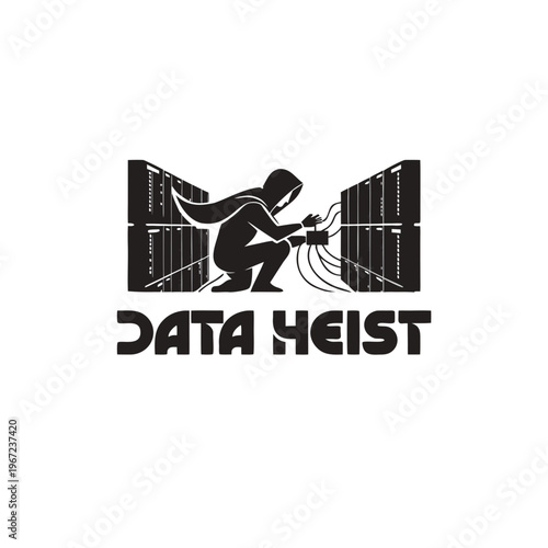Stealthy hacker figure in a hoodie extracting sensitive digital information from server racks