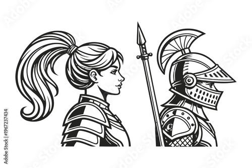 Female Knight in Armor Medieval Warrior Woman. Vintage Engraving Set. A highly detailed black and white vintage vector illustration of a powerful medieval female knight, shown in two poses side by sid