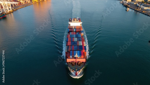 Aerial View of Cargo Ship Navigating Through Busy Port Waters