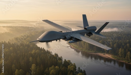 Drone Flying Over Forest Landscape at Sunrise with River Below