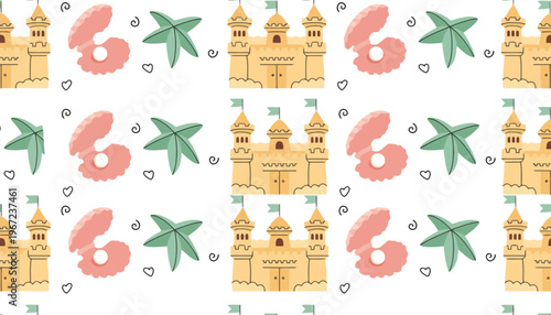 A sandcastle seamless pattern with starfish and flowers on a white background