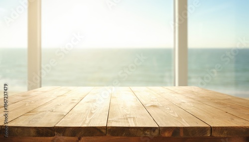 Sunlit Wooden Table with Ocean View and Bright Horizon Background
