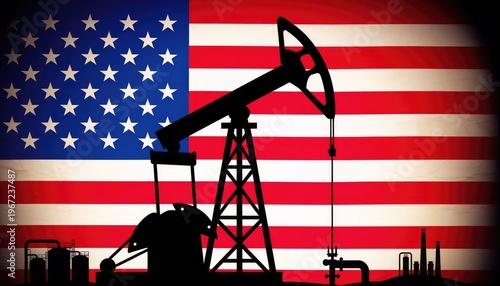 Oil Industry Silhouette Against American Flag Background