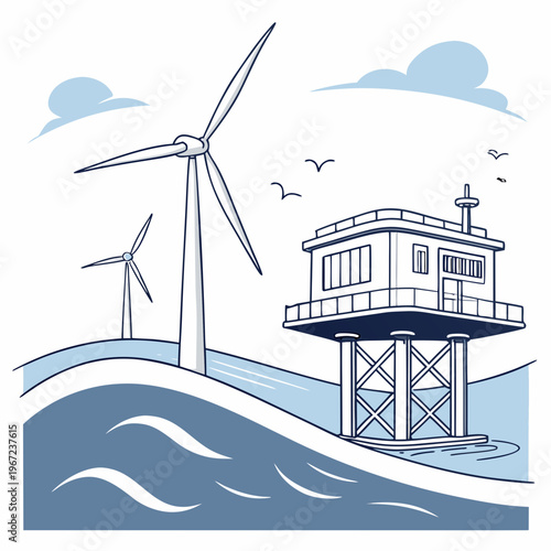 Illustration of wind turbines and a house on stilts by the sea with birds flying around on a sunny day with clouds