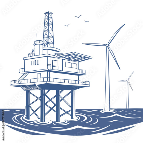 Offshore oil rig platform with wind turbines in the ocean water