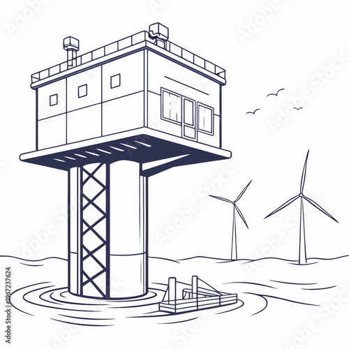 Offshore wind farm station with turbines for renewable energy concept
