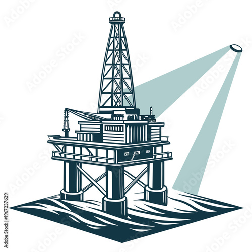 An offshore oil rig platform with a spotlight shining on it in the ocean water