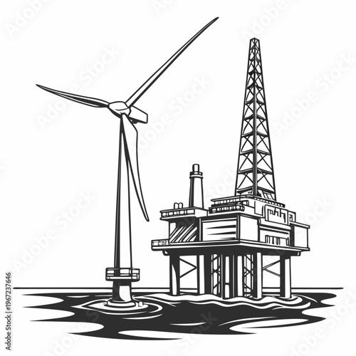 Black and white illustration of offshore oil rig with wind turbine on isolated for energy and industrial concepts