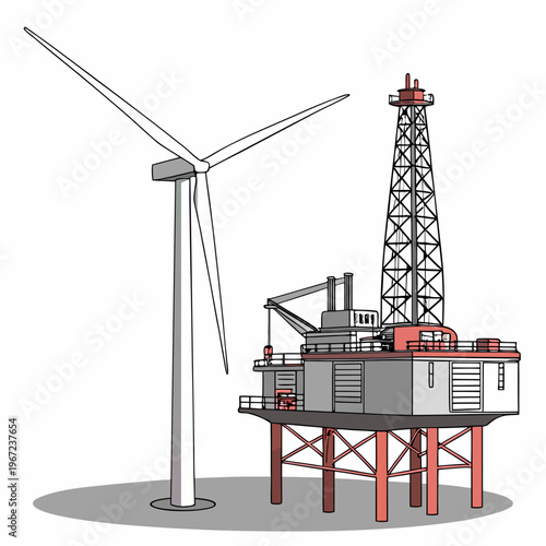 An oil rig and wind turbine on a, symbolizing renewable energy and fossil fuels