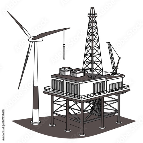 An offshore oil rig platform with a wind turbine and crane on a for energy and industrial concepts