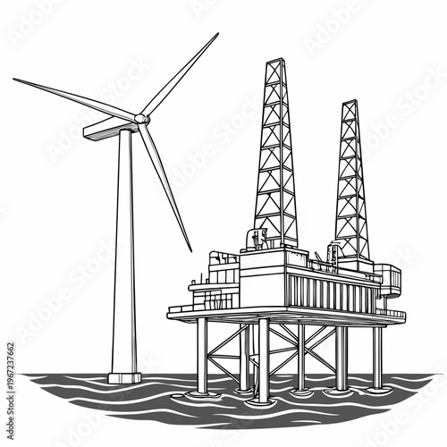Offshore oil rig and wind turbine in the ocean