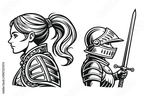 Female Knight in Armor Medieval Warrior Woman. Vintage Engraving Set. A highly detailed black and white vintage vector illustration of a powerful medieval female knight, shown in two poses side by sid