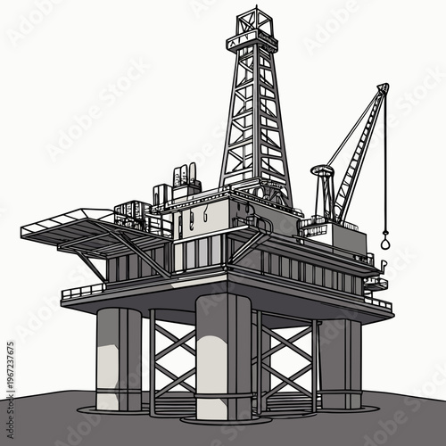 An offshore oil rig platform with a crane and derrick on a, used for drilling and extracting petroleum