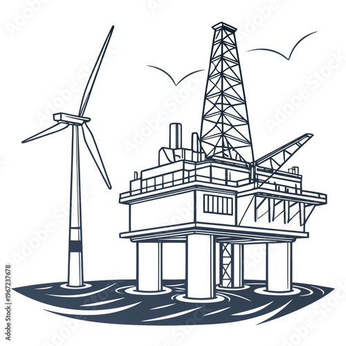Offshore oil rig platform with wind turbine for energy production concept