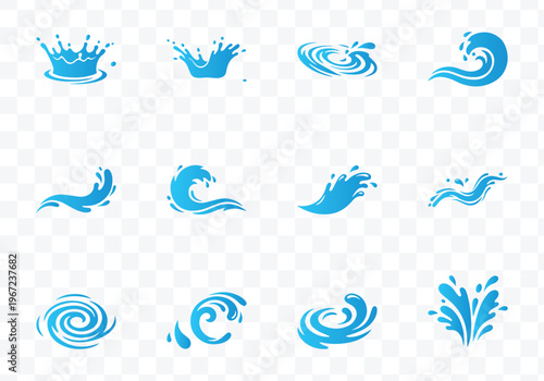 Blue Water Splash and Wave Vector Icons Set. Dynamic Liquid Elements Collection for Design.