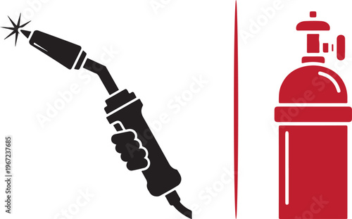 Dual-tone vector icons of a hand holding a sparked welding torch and a pressurized gas cylinder. Represents industrial metalworking, fabrication, and professional welding equipment.