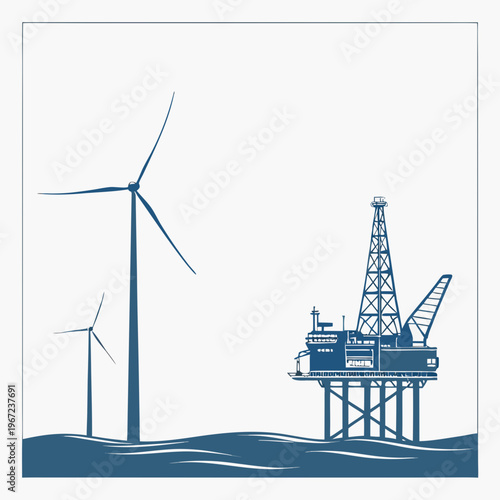 Offshore oil rig and wind turbines in ocean for renewable energy and fossil fuel contrast
