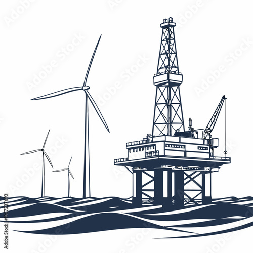 Offshore oil rig platform with wind turbines for energy production concept