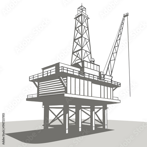 An offshore oil rig platform with a crane on a gray background for industrial or energy concepts