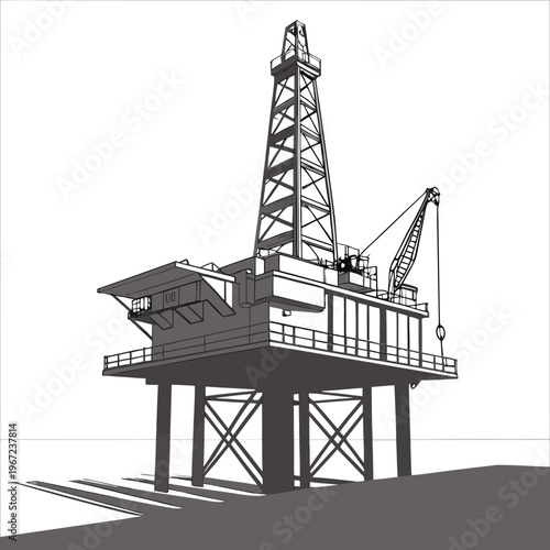 An offshore oil rig platform with a tall derrick and crane on a for industrial or energy concepts