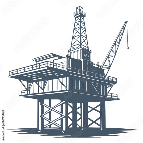 An offshore oil rig platform with a crane on a used for drilling and extraction in the ocean