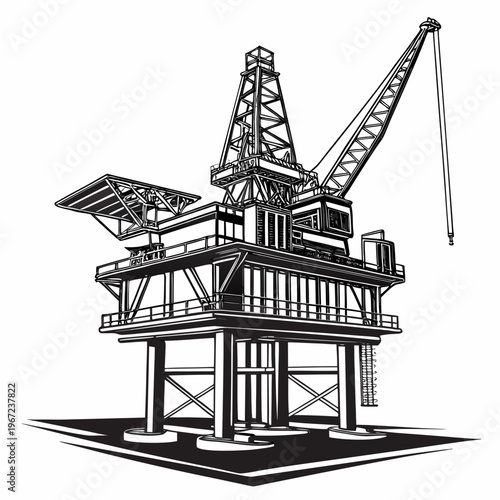 An oil rig platform with a crane on a for industrial or construction concepts