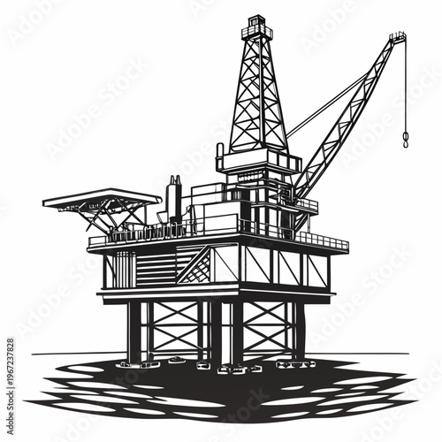 An oil rig platform with a crane on the water for industrial or energy concepts